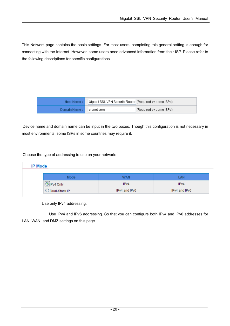 Chapter 6 network, 1 network connection, 1 host name and domain name | 2 ip mode, 3 lan setting, Chapter 6: network, Etwork, Onnection | PLANET SG-4800 User Manual | Page 26 / 182