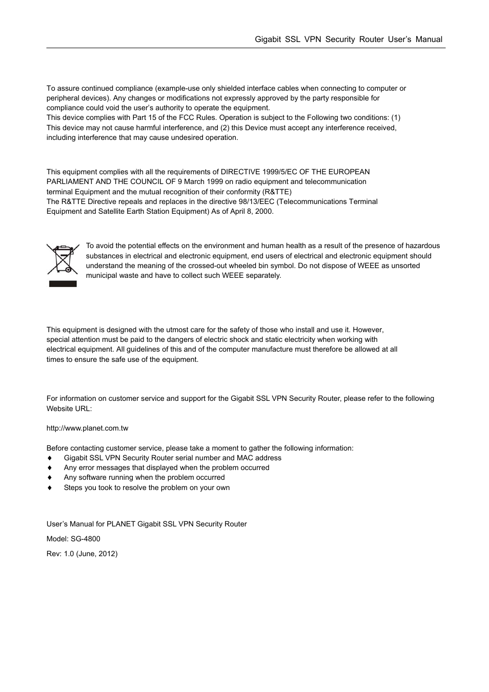 Fcc caution, R&tte compliance statement, Weee caution | Safety, Customer service, Revision | PLANET SG-4800 User Manual | Page 3 / 182