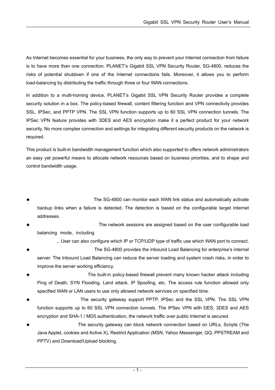 Chapter 1 introduction, 1 features, Chapter 1: introduction | Eatures | PLANET SG-4800 User Manual | Page 7 / 182