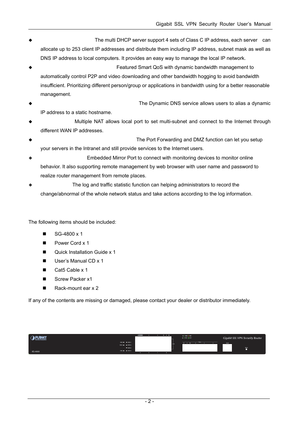 2 package contents, 3 physical specification, Ackage | Ontents, Hysical, Pecification | PLANET SG-4800 User Manual | Page 8 / 182