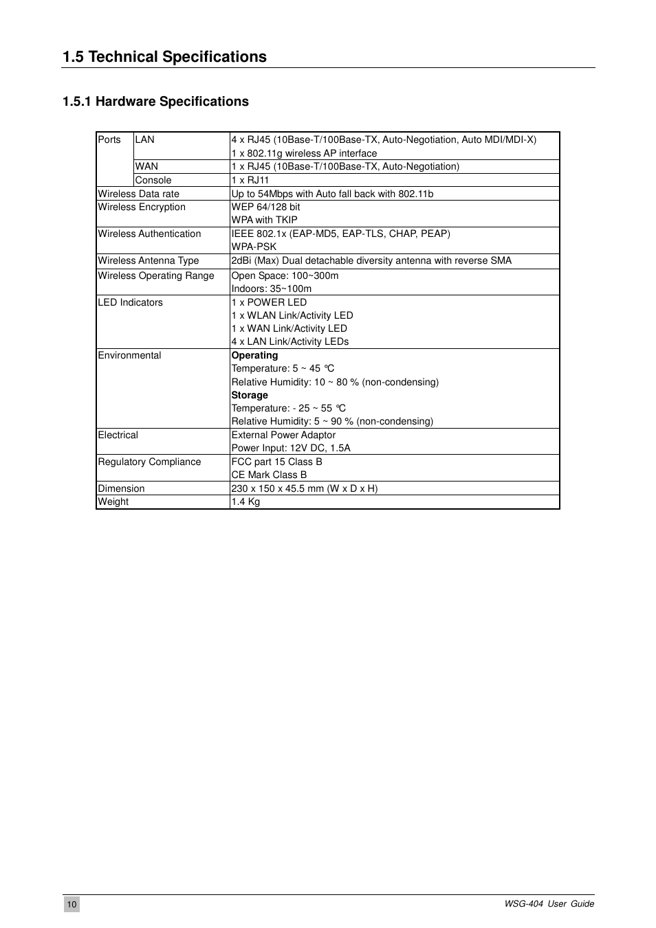 5 technical specifications, 1 hardware specifications | PLANET WSG-404 User Manual | Page 10 / 146