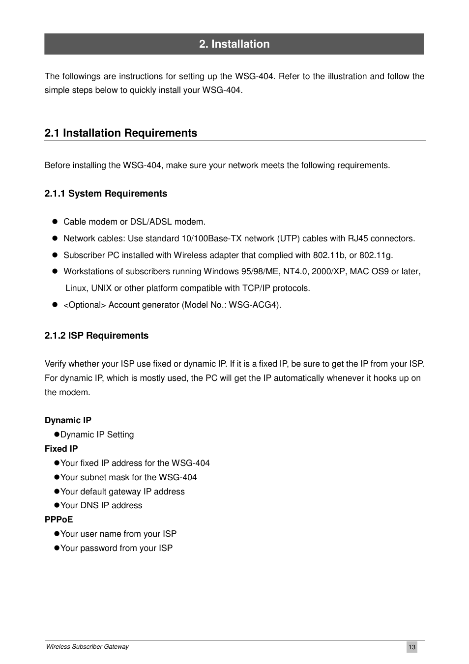 Installation, 1 installation requirements | PLANET WSG-404 User Manual | Page 13 / 146