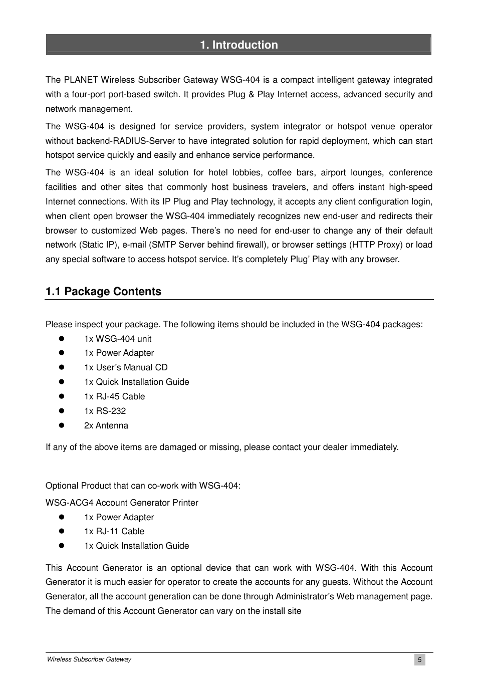 Introduction, 1 package contents | PLANET WSG-404 User Manual | Page 5 / 146