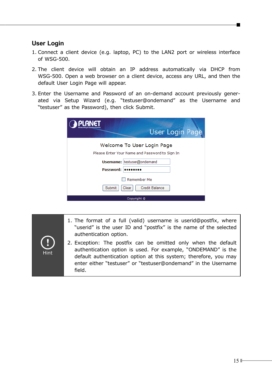 User login | PLANET WSG-500 User Manual | Page 15 / 16