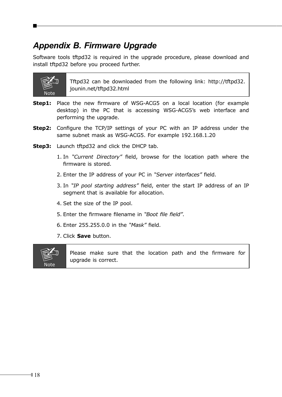 Appendix b. firmware upgrade | PLANET WSG-500 User Manual | Page 18 / 20