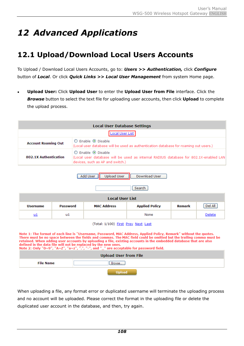 12 advanced applications, 1 upload/download local users accounts, Advanced applications | Upload/download local users accounts | PLANET WSG-500 User Manual | Page 112 / 162