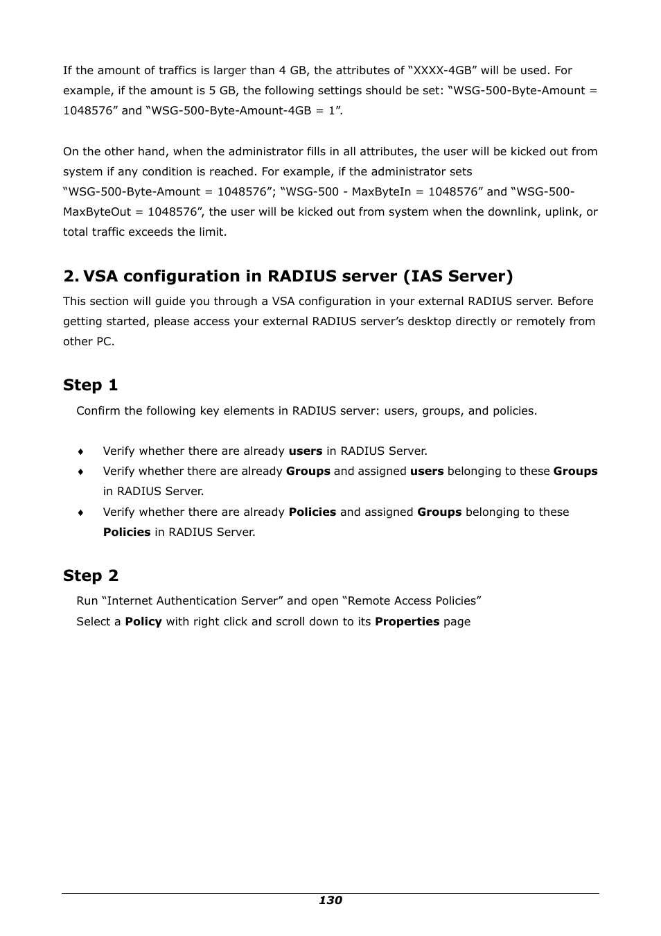 Vsa configuration in radius server (ias server), Step 1, Step 2 | PLANET WSG-500 User Manual | Page 134 / 162