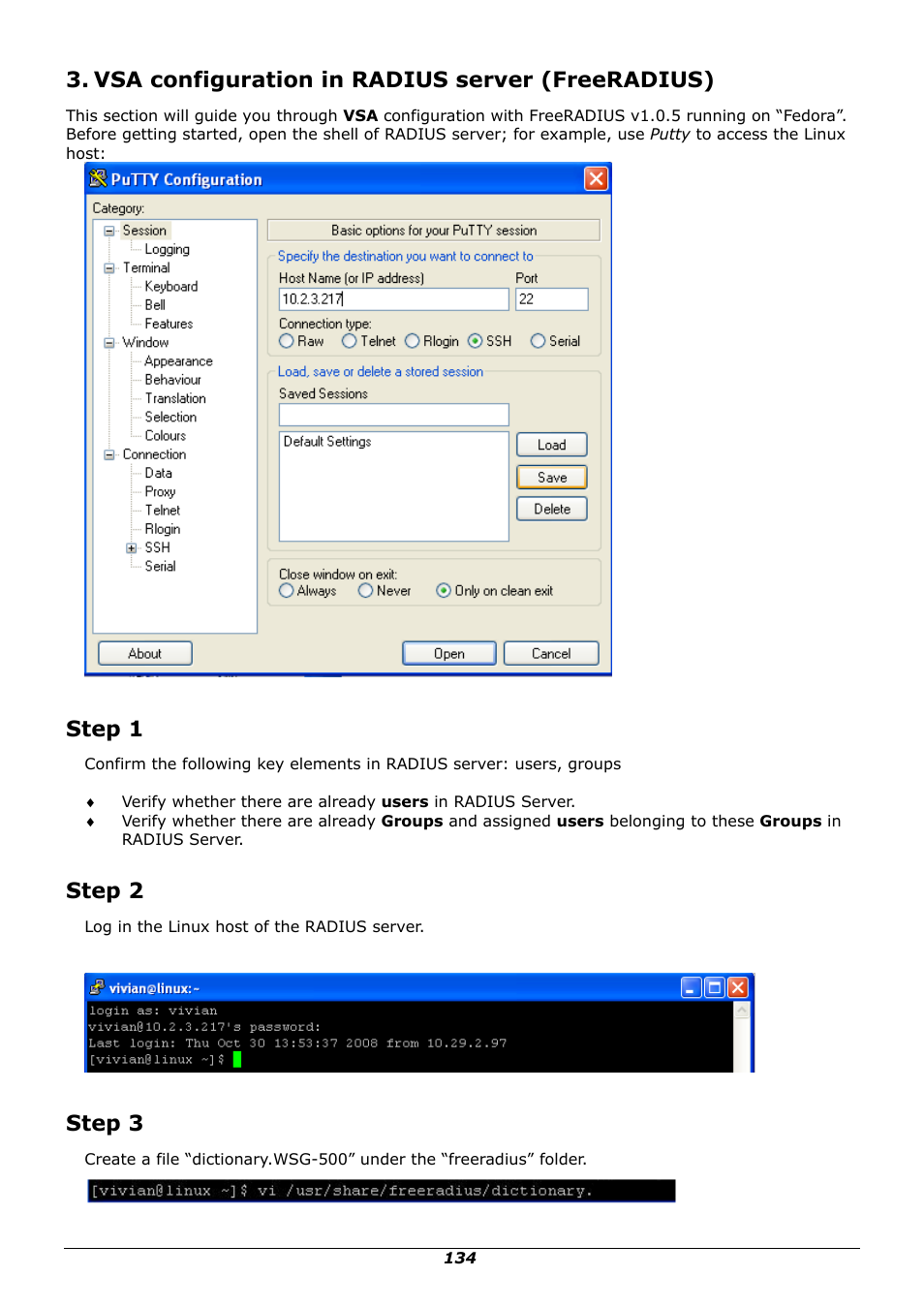 Vsa configuration in radius server (freeradius), Step 1, Step 2 | Step 3 | PLANET WSG-500 User Manual | Page 138 / 162