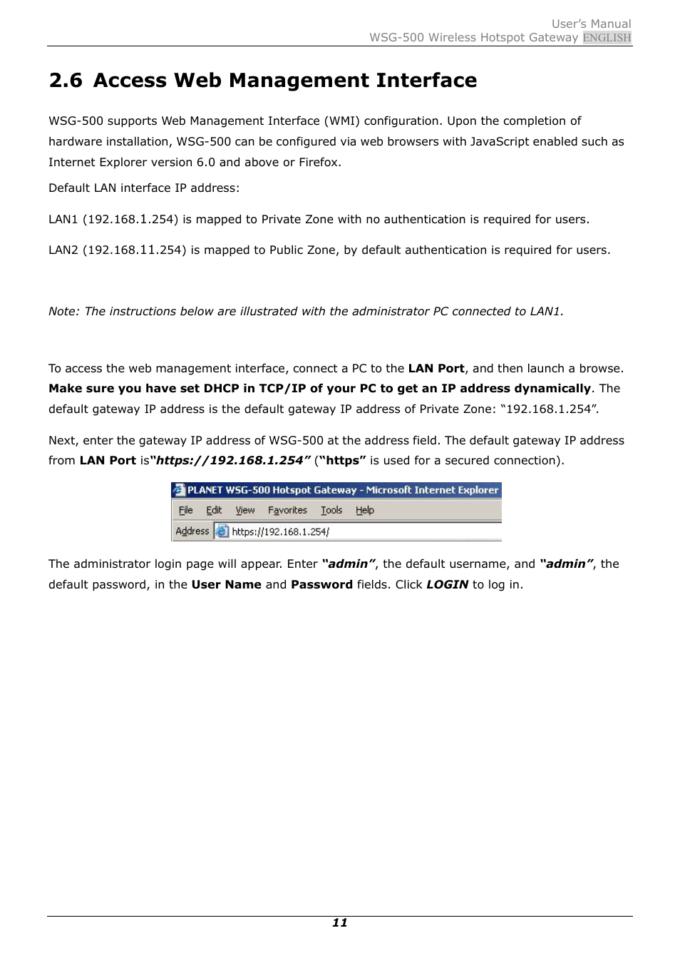 6 access web management interface, Access web management interface | PLANET WSG-500 User Manual | Page 15 / 162