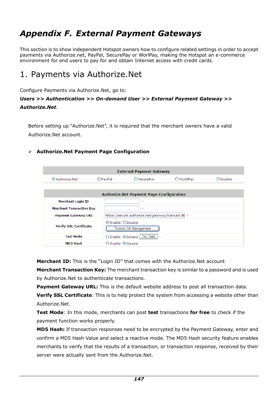 Appendix f. external payment gateways | PLANET WSG-500 User Manual | Page 151 / 162