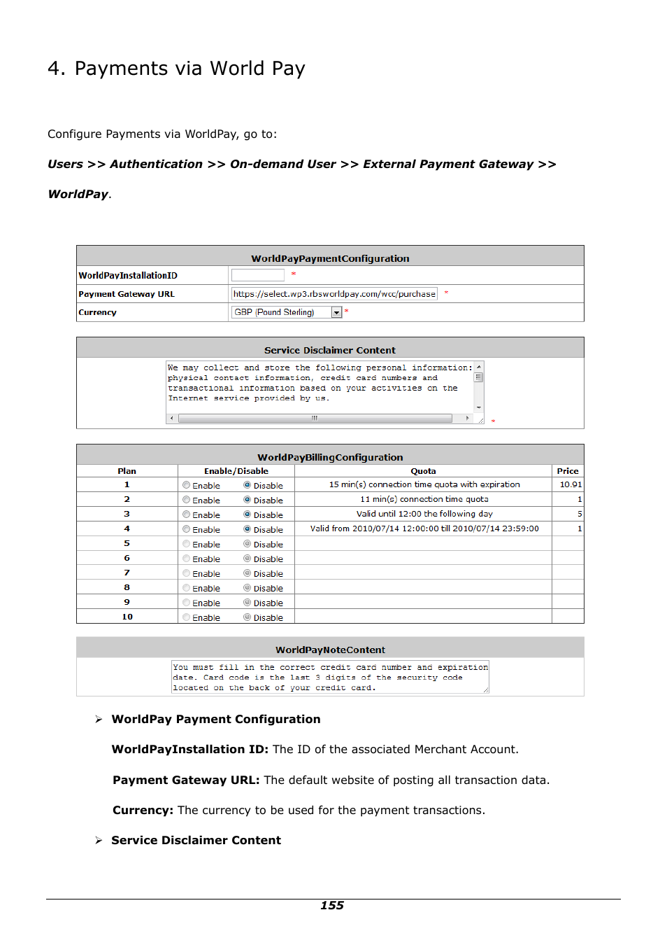 Payments via world pay | PLANET WSG-500 User Manual | Page 159 / 162