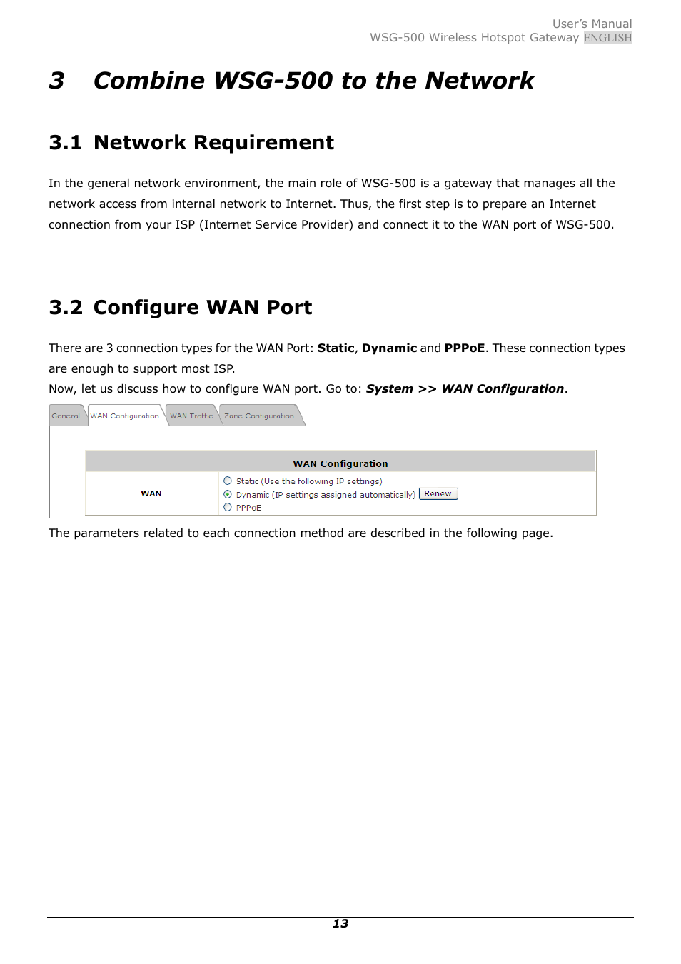 3 combine wsg-500 to the network, 1 network requirement, 2 configure wan port | Combine wsg-500 to the network, Network requirement, Configure wan port | PLANET WSG-500 User Manual | Page 17 / 162