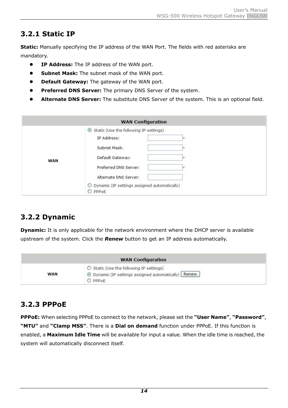 1 static ip, 2 dynamic, 3 pppoe | PLANET WSG-500 User Manual | Page 18 / 162