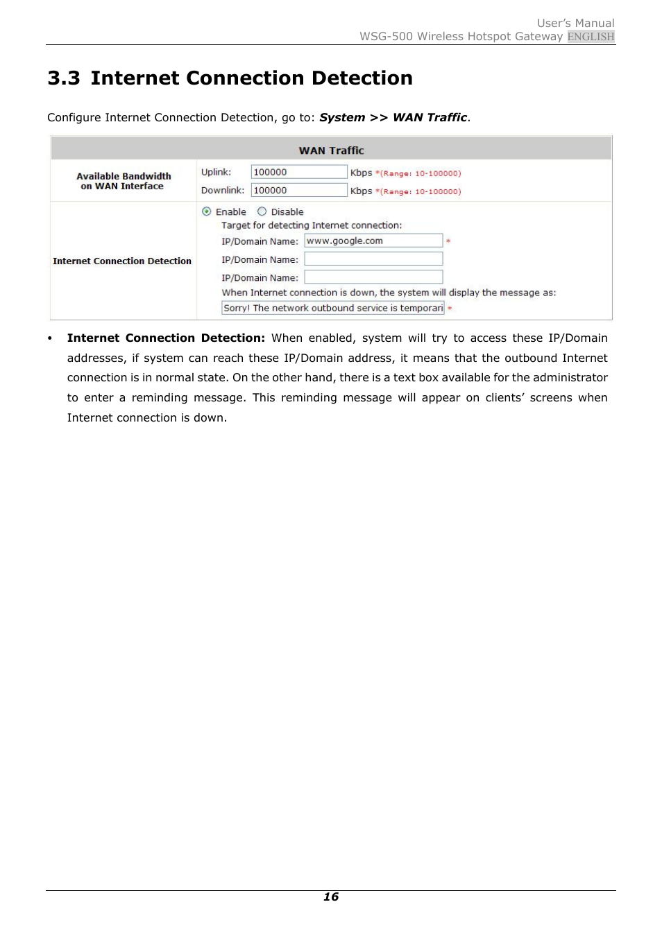 3 internet connection detection, Internet connection detection | PLANET WSG-500 User Manual | Page 20 / 162