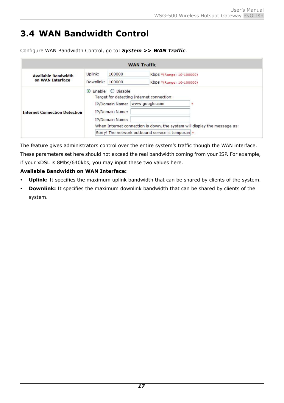 4 wan bandwidth control, Wan bandwidth control | PLANET WSG-500 User Manual | Page 21 / 162