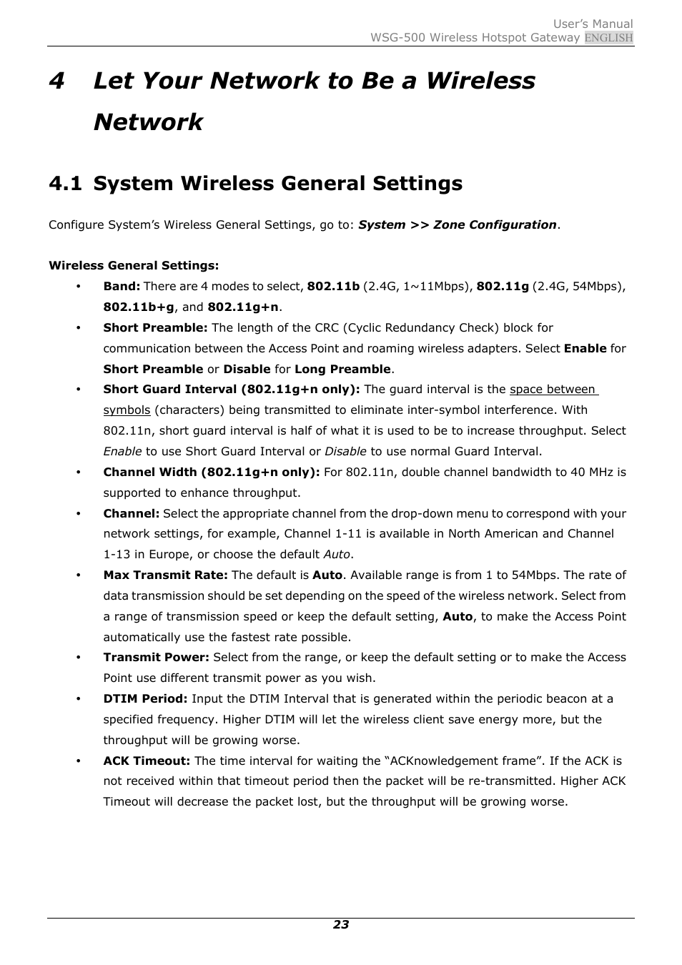 4 let your network to be a wireless network, 1 system wireless general settings, Let your network to be a wireless network | System wireless general settings | PLANET WSG-500 User Manual | Page 27 / 162