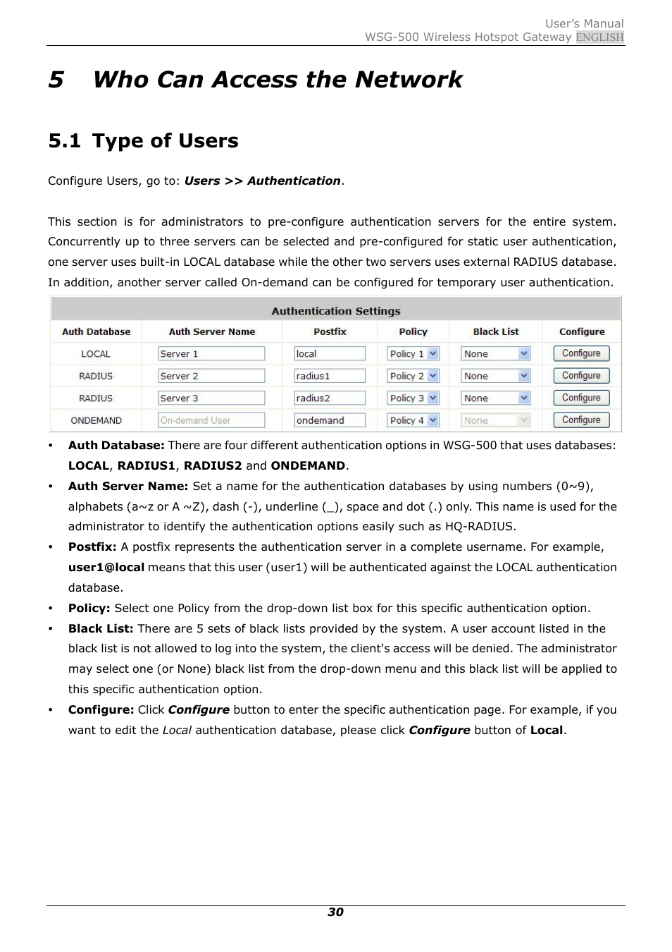 5 who can access the network, 1 type of users, Who can access the network | Type of users | PLANET WSG-500 User Manual | Page 34 / 162