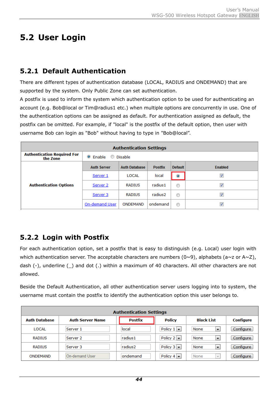 2 user login, 1 default authentication, 2 login with postfix | User login, Default authentication, Login with postfix | PLANET WSG-500 User Manual | Page 48 / 162