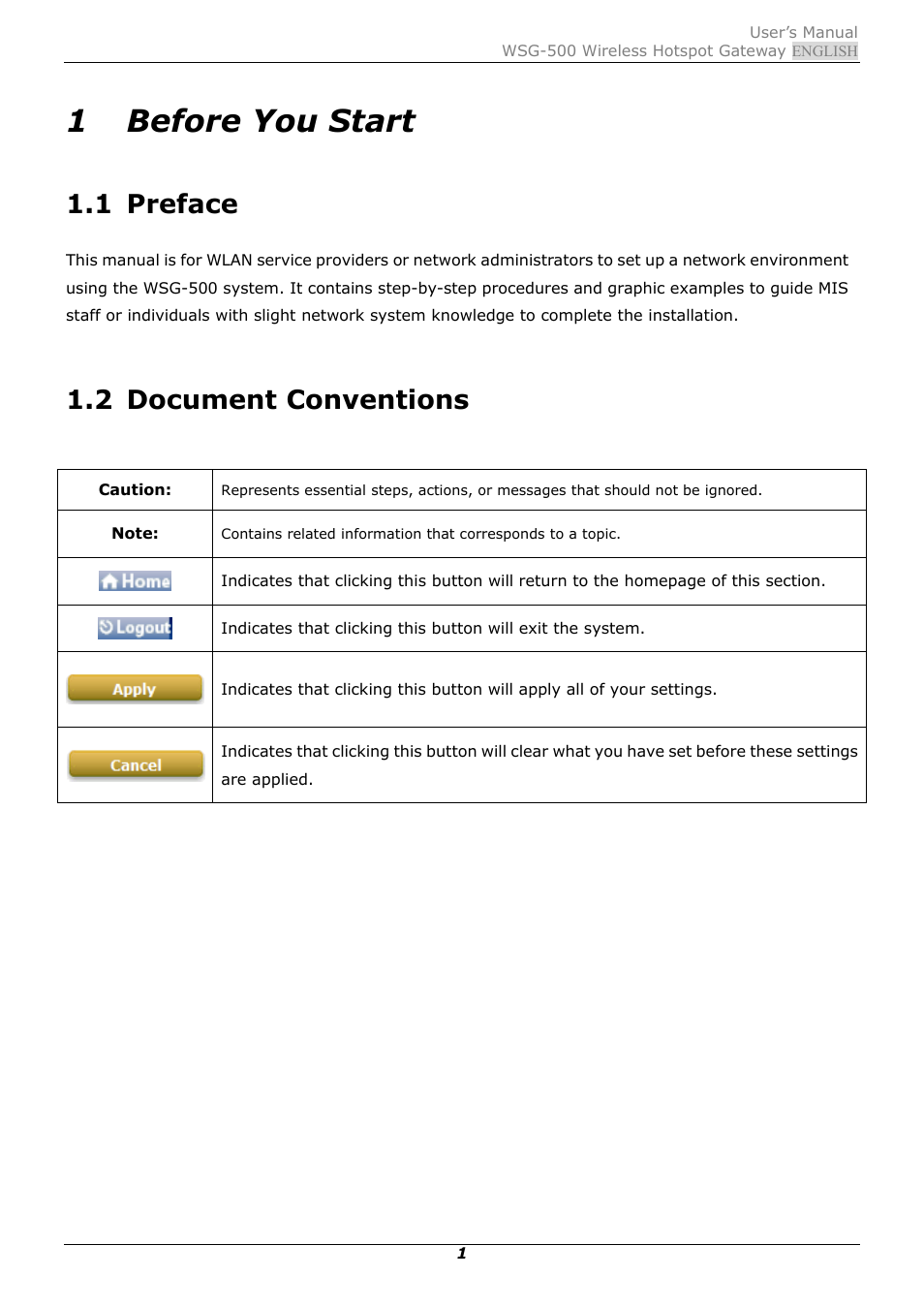 1 before you start, 1 preface, 2 document conventions | Before you start, Preface, Document conventions | PLANET WSG-500 User Manual | Page 5 / 162