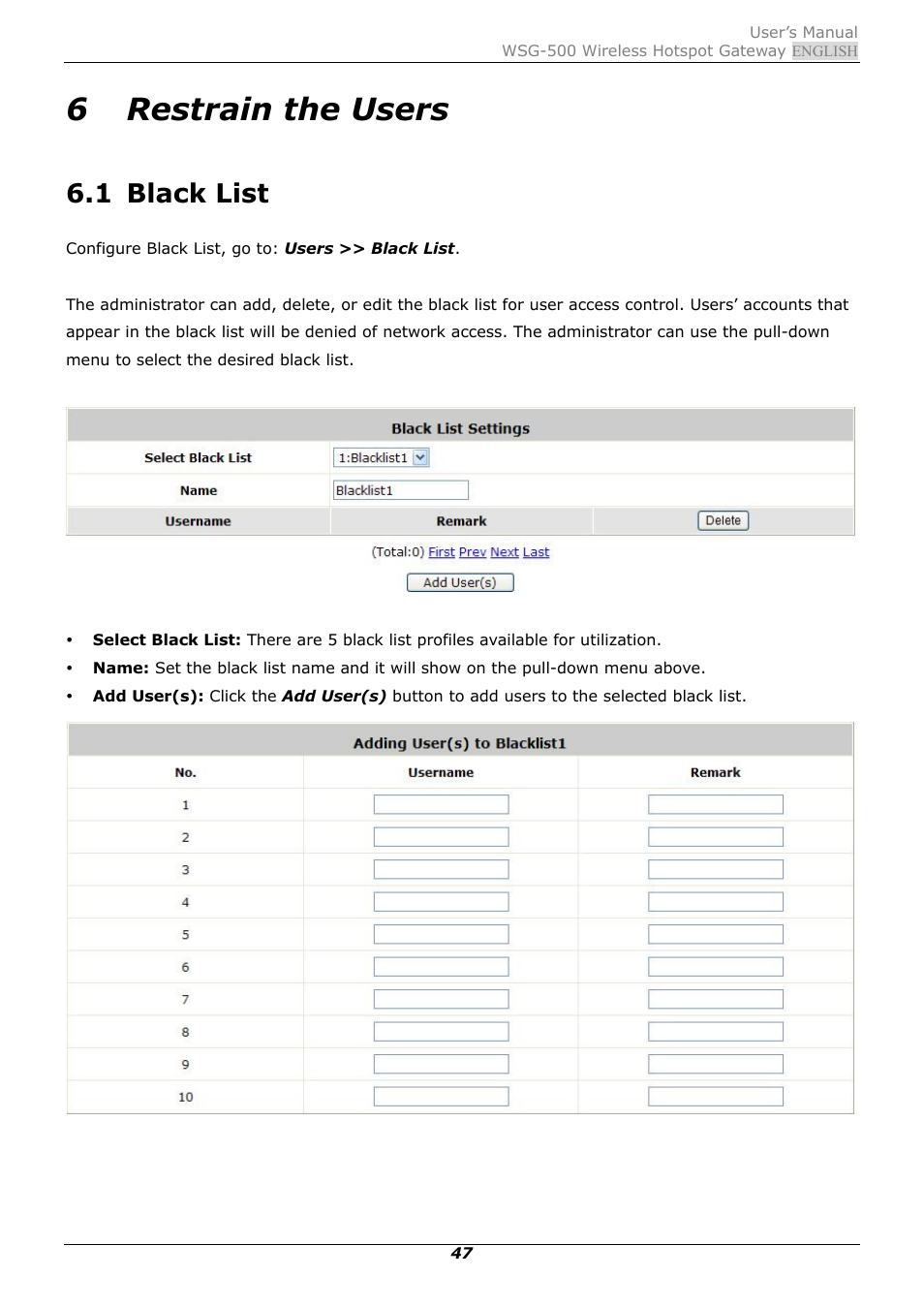 6 restrain the users, 1 black list, Restrain the users | Black list | PLANET WSG-500 User Manual | Page 51 / 162