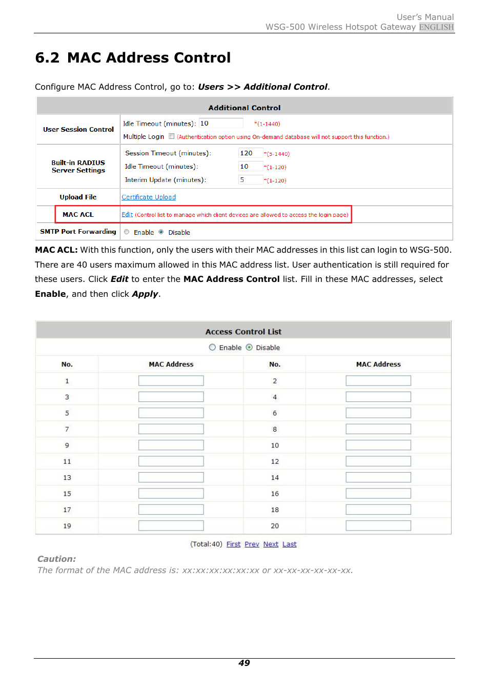 2 mac address control, Mac address control | PLANET WSG-500 User Manual | Page 53 / 162