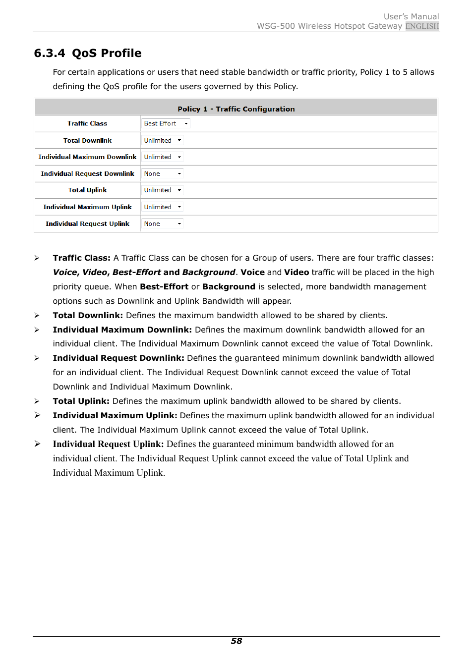 4 qos profile, Qos profile | PLANET WSG-500 User Manual | Page 62 / 162
