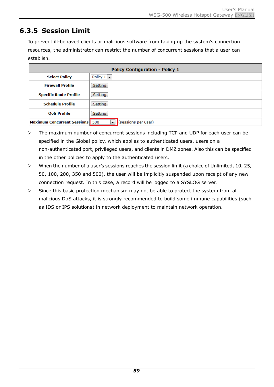 5 session limit, Session limit | PLANET WSG-500 User Manual | Page 63 / 162