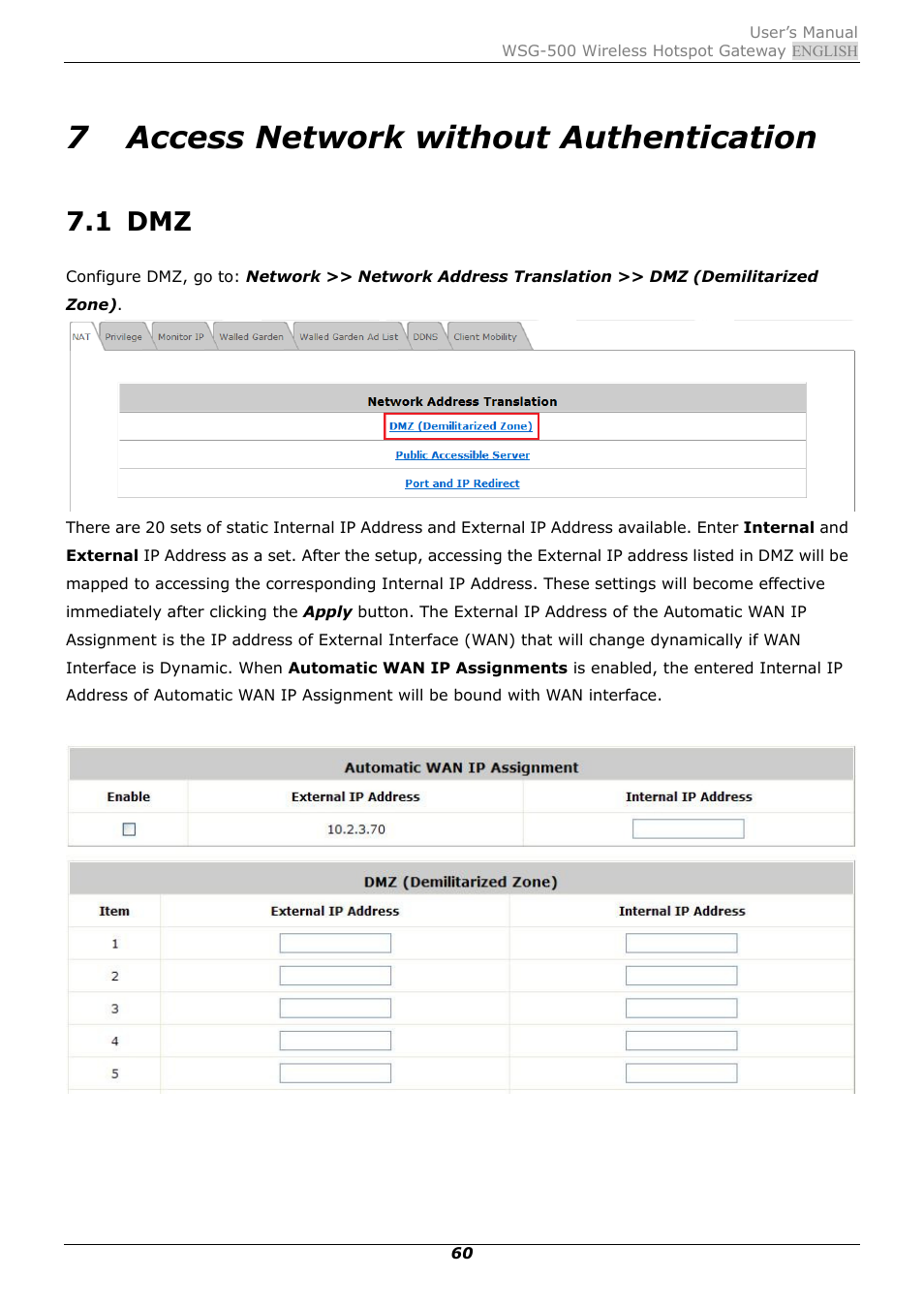 7 access network without authentication, 1 dmz, Access network without authentication | PLANET WSG-500 User Manual | Page 64 / 162