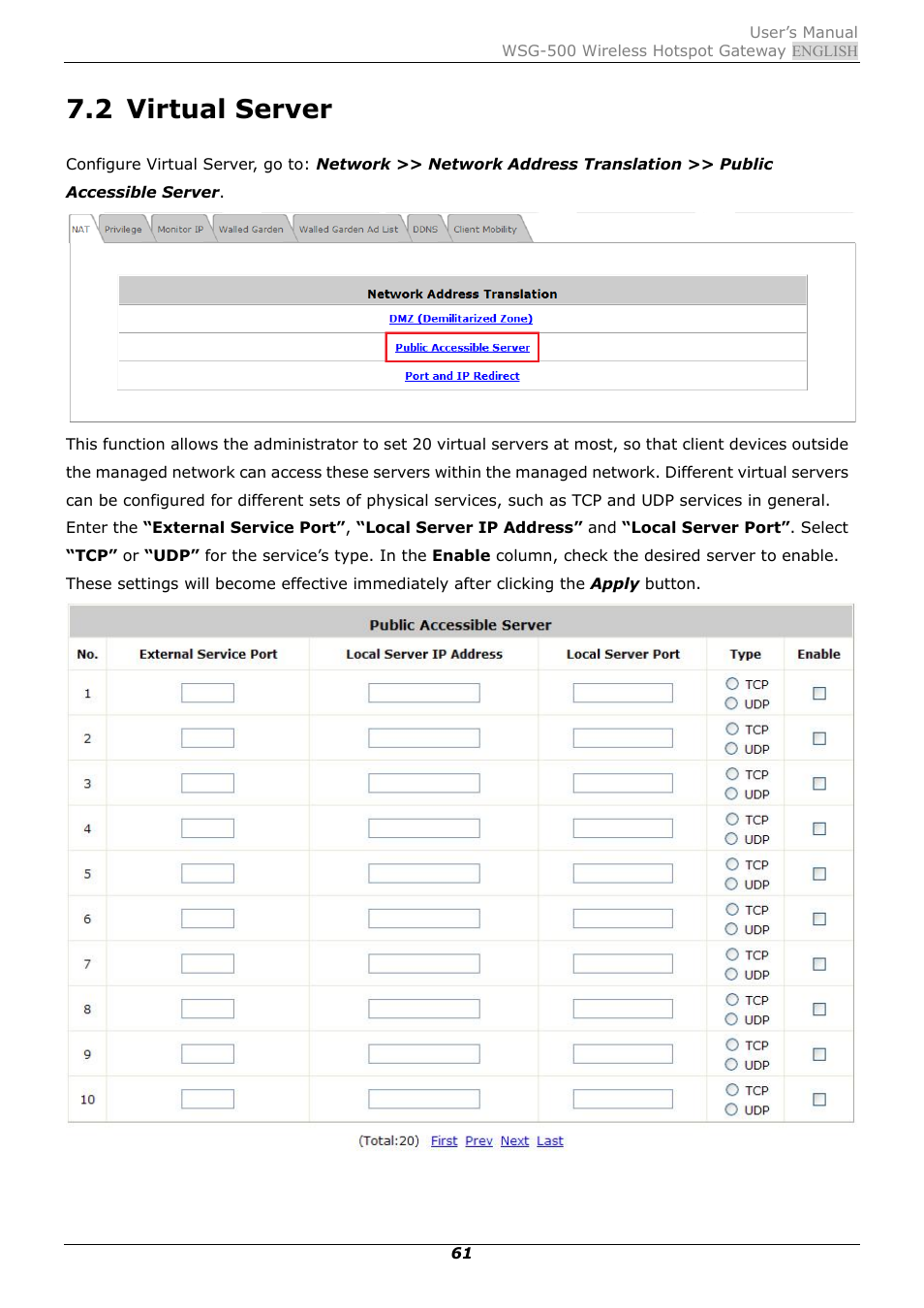 2 virtual server, Virtual server | PLANET WSG-500 User Manual | Page 65 / 162