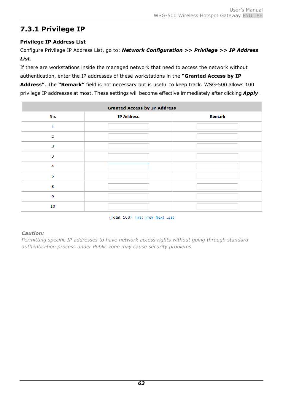 1 privilege ip | PLANET WSG-500 User Manual | Page 67 / 162