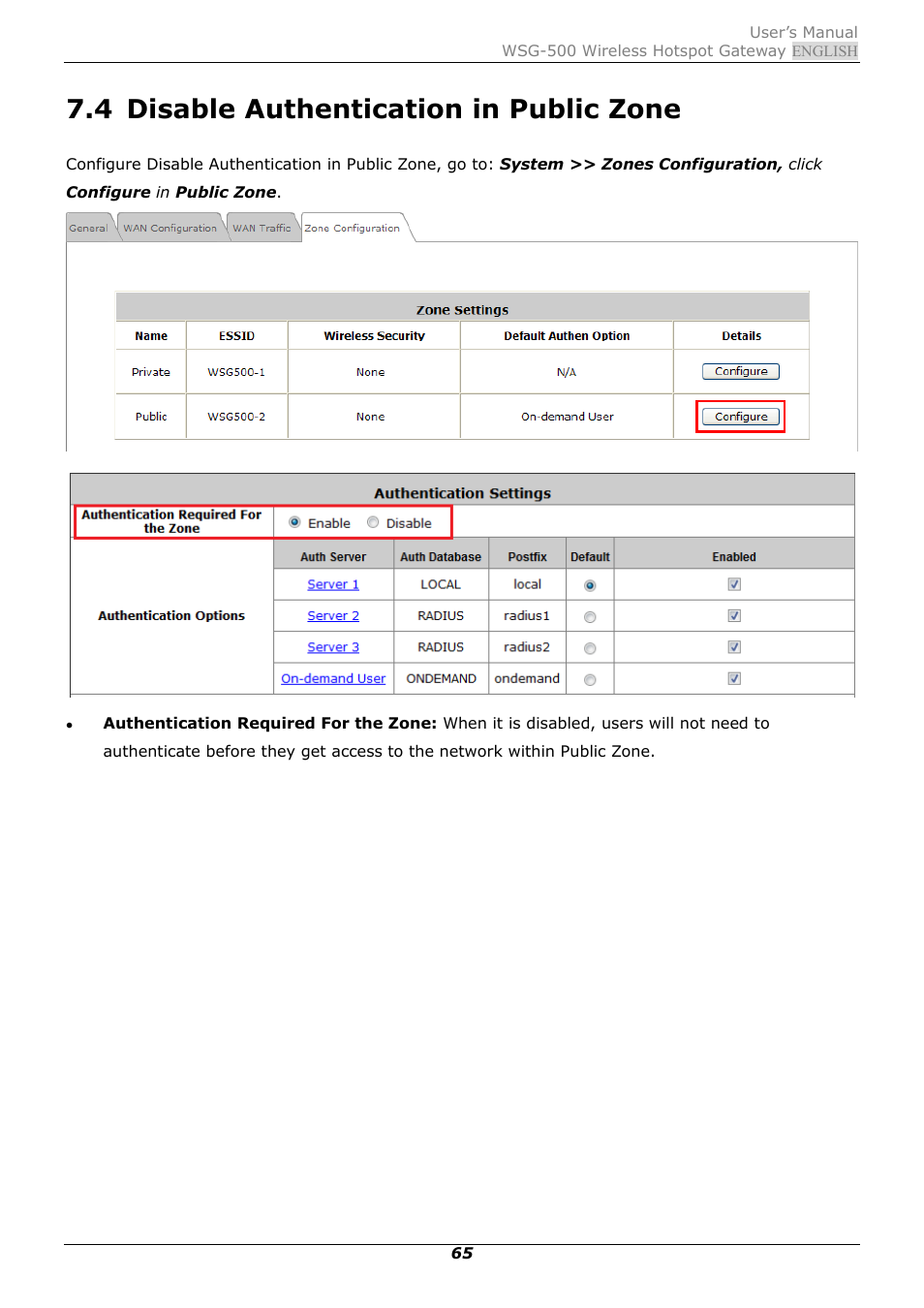 4 disable authentication in public zone, Disable authentication in public zone | PLANET WSG-500 User Manual | Page 69 / 162