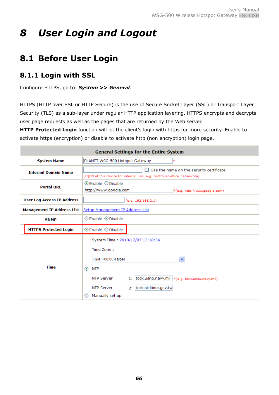 8 user login and logout, 1 before user login, 1 login with ssl | User login and logout, Before user login | PLANET WSG-500 User Manual | Page 70 / 162