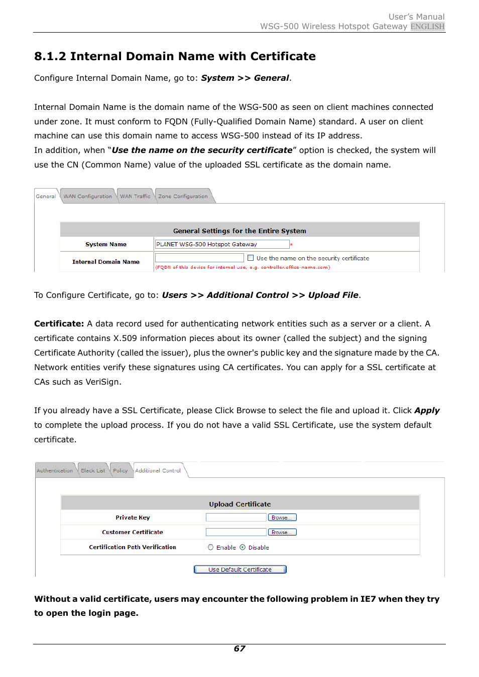 2 internal domain name with certificate | PLANET WSG-500 User Manual | Page 71 / 162