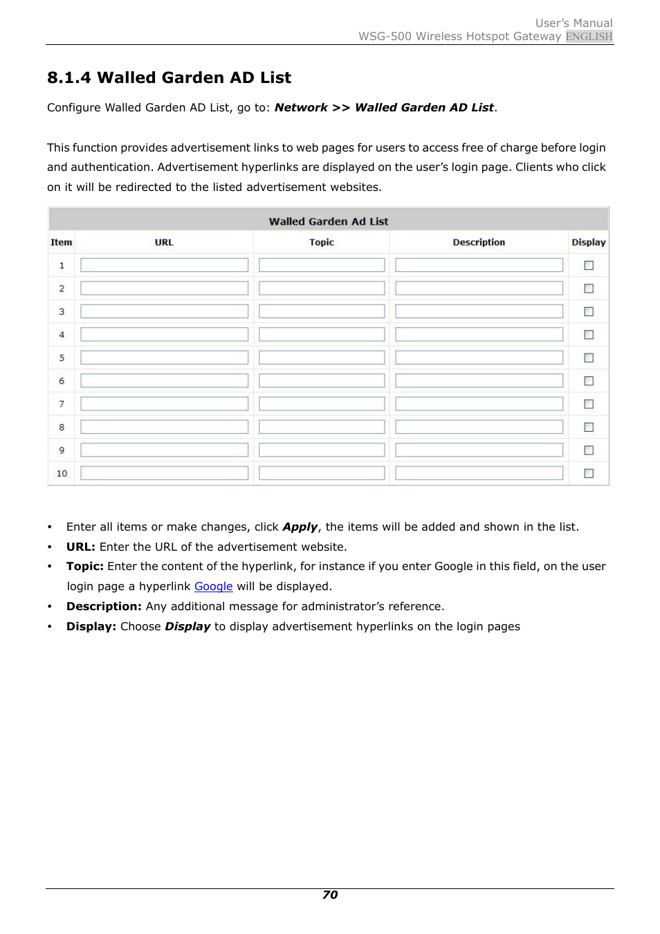 4 walled garden ad list | PLANET WSG-500 User Manual | Page 74 / 162