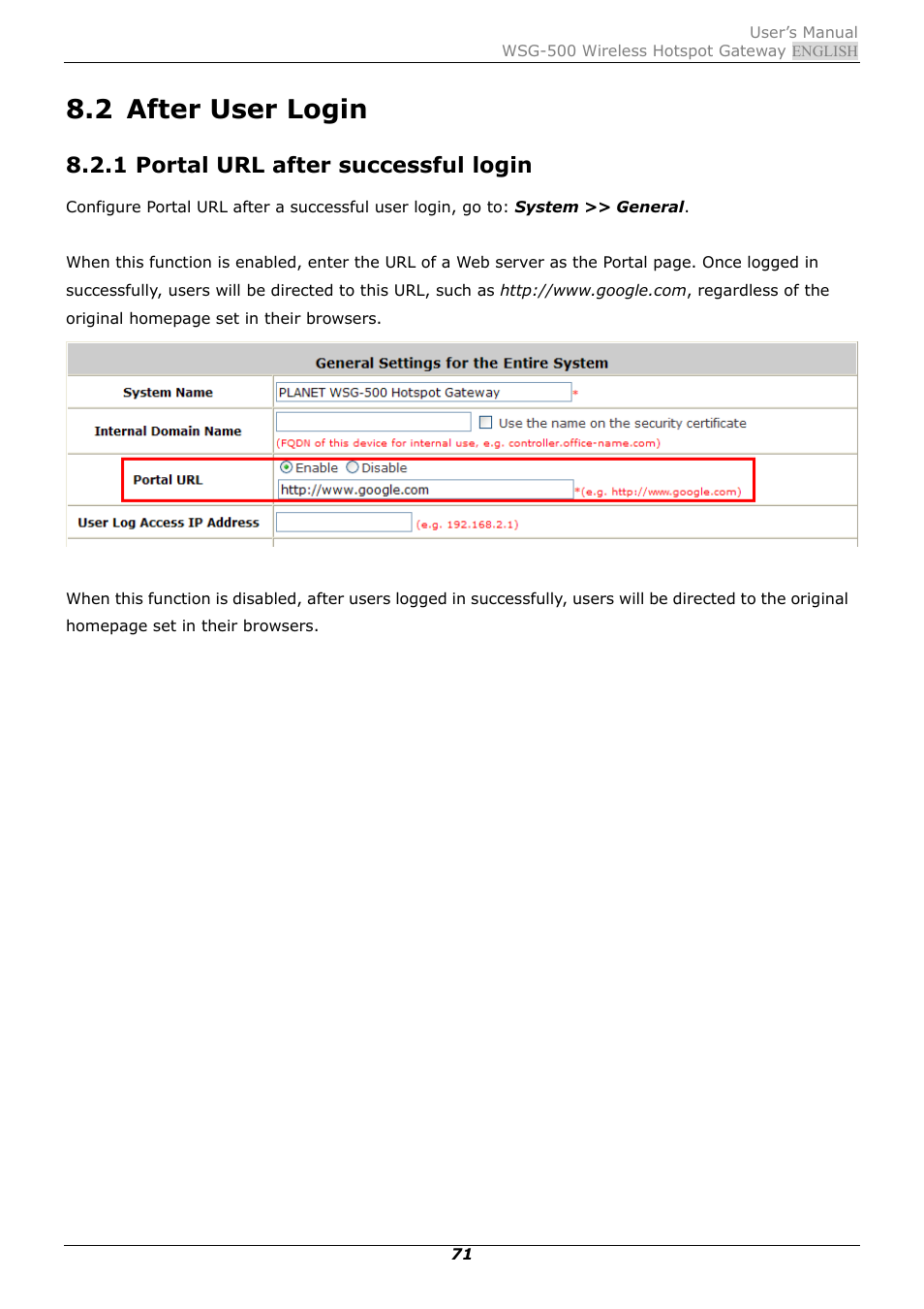 2 after user login, 1 portal url after successful login, After user login | PLANET WSG-500 User Manual | Page 75 / 162