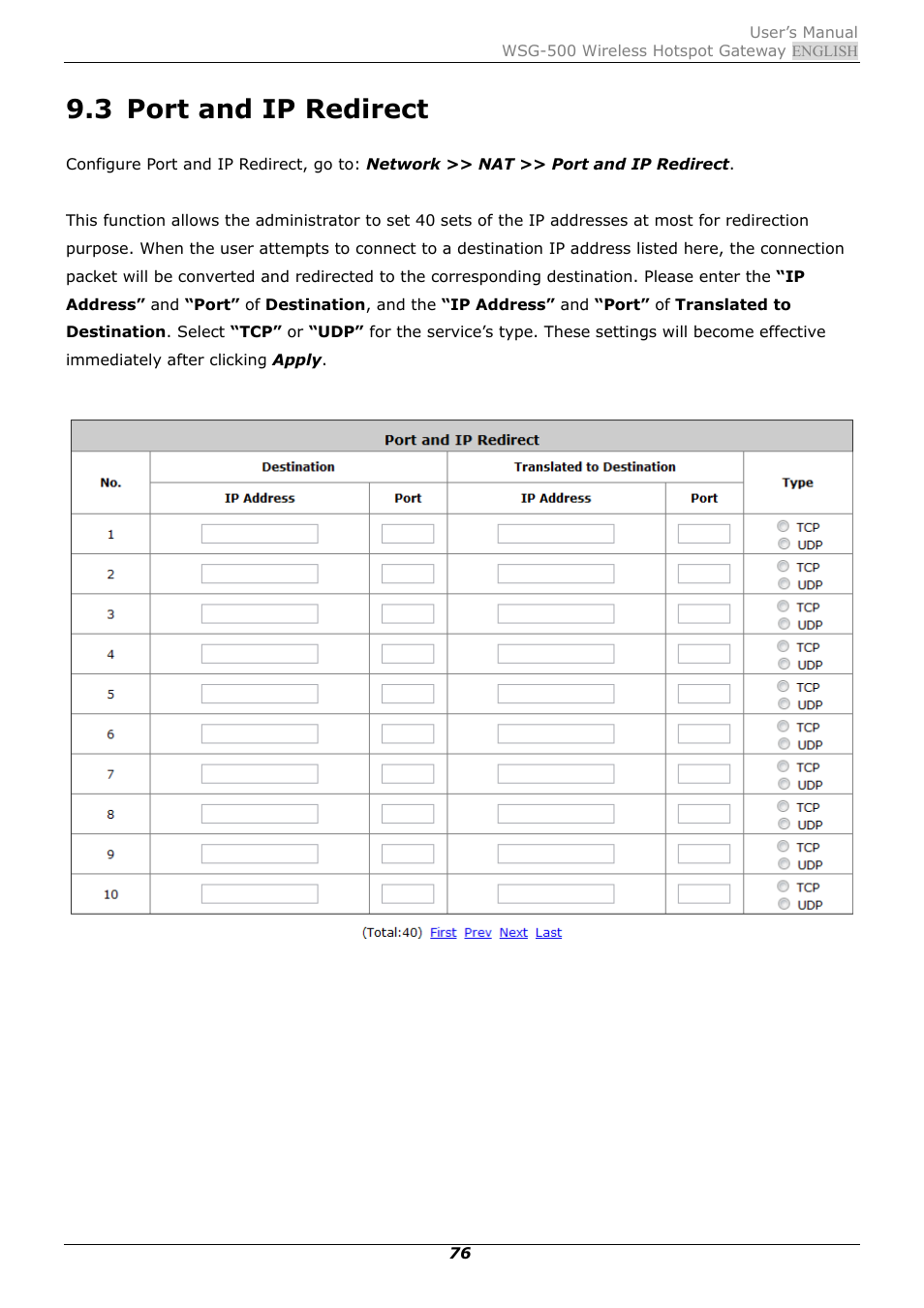 3 port and ip redirect, Port and ip redirect | PLANET WSG-500 User Manual | Page 80 / 162