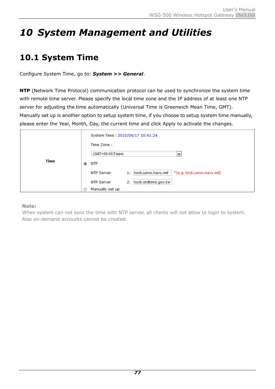 10 system management and utilities, 1 system time, System management and utilities | System time | PLANET WSG-500 User Manual | Page 81 / 162