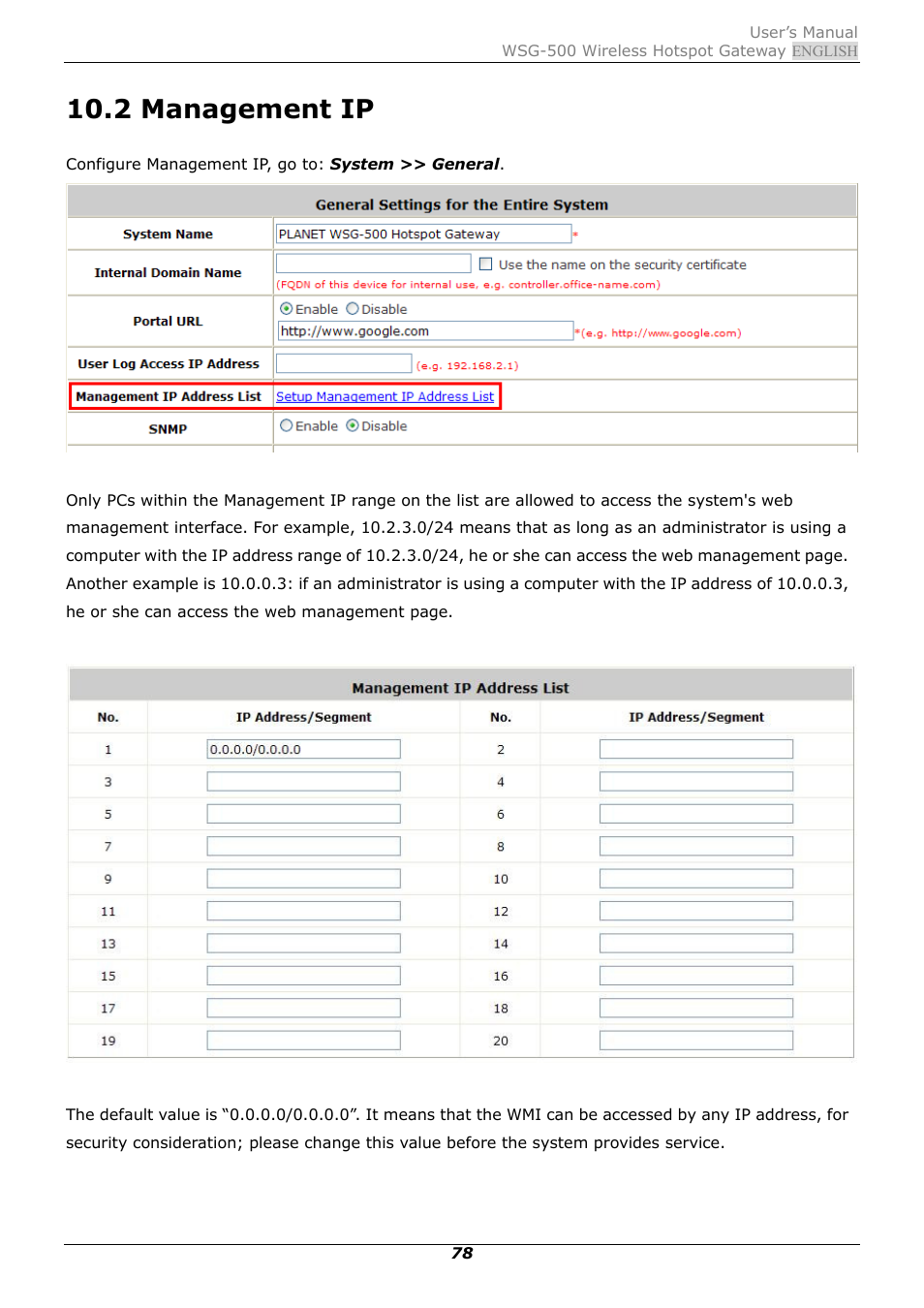 2 management ip, Management ip | PLANET WSG-500 User Manual | Page 82 / 162