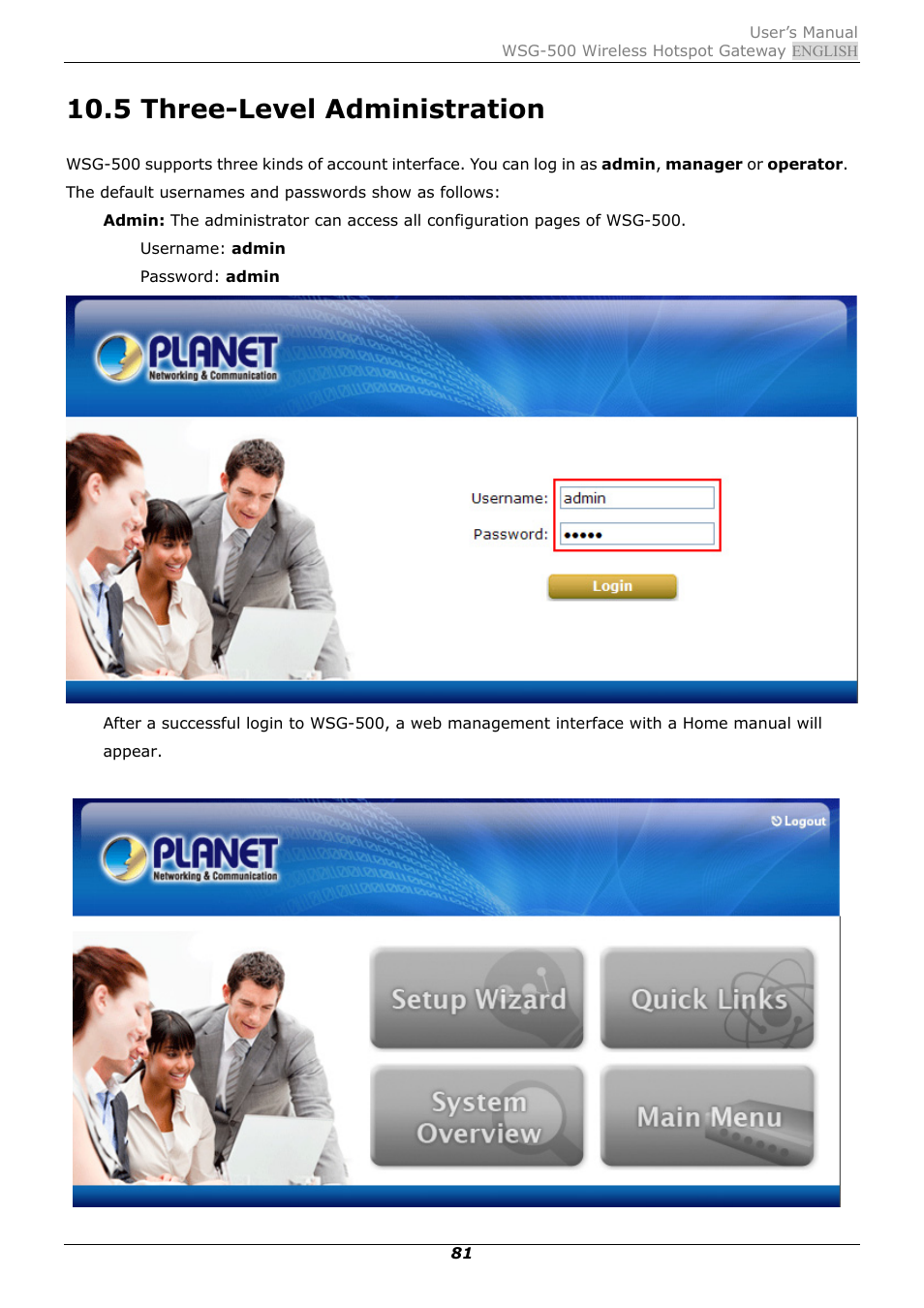 5 three-level administration, Three-level administration | PLANET WSG-500 User Manual | Page 85 / 162