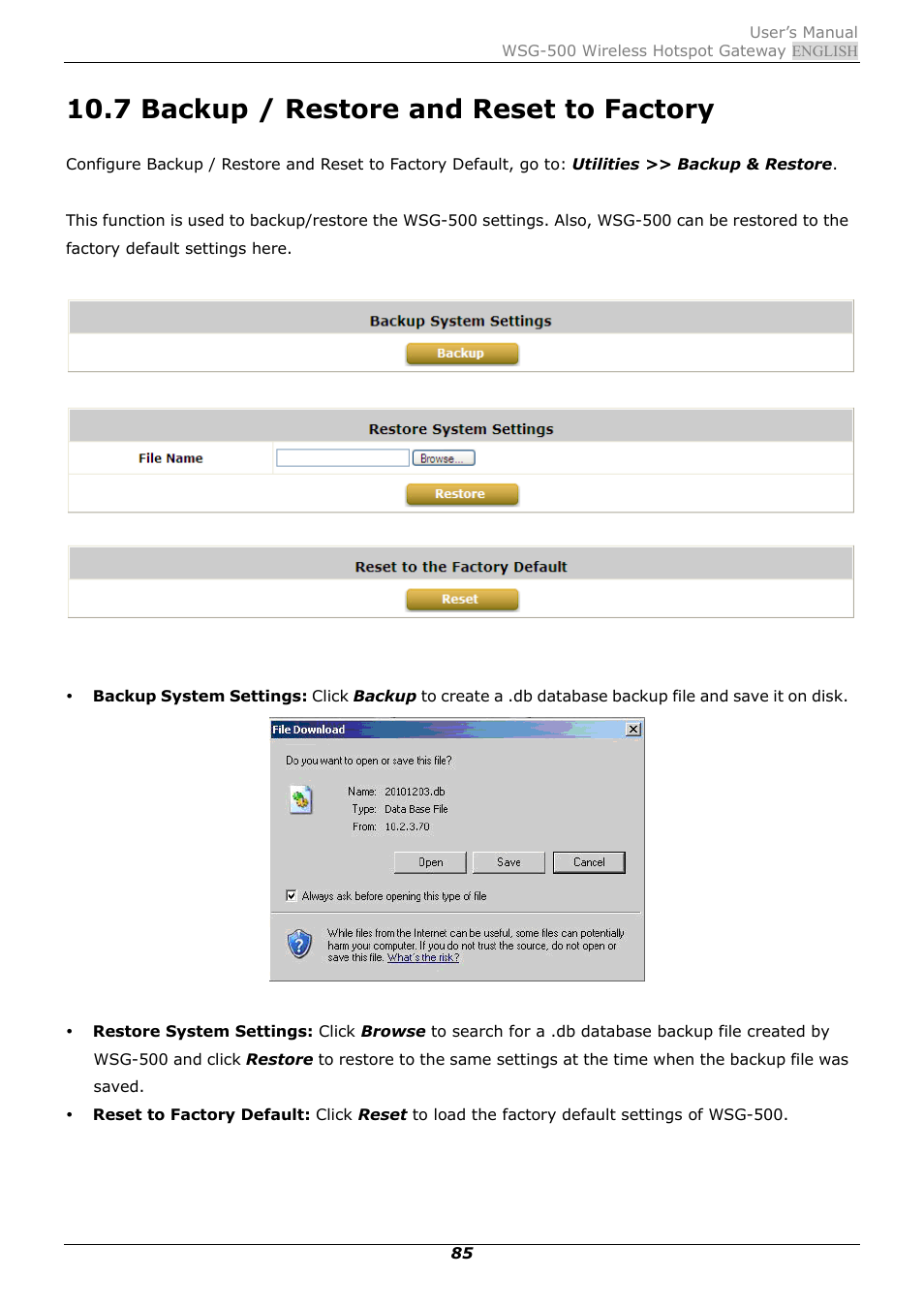 7 backup / restore and reset to factory, Backup / restore and reset to factory | PLANET WSG-500 User Manual | Page 89 / 162