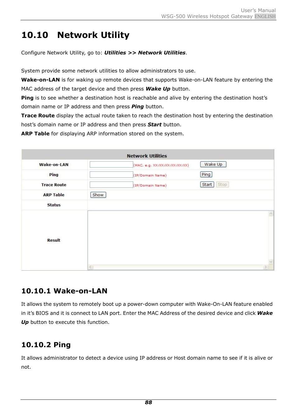 10 network utility, 1 wake-on-lan, 2 ping | Network utility | PLANET WSG-500 User Manual | Page 92 / 162