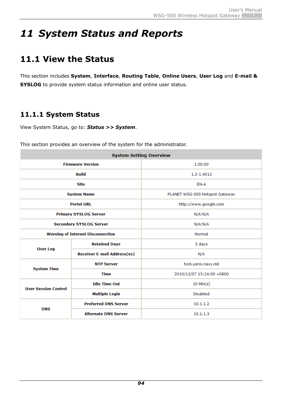 11 system status and reports, 1 view the status, 1 system status | System status and reports, View the status | PLANET WSG-500 User Manual | Page 98 / 162