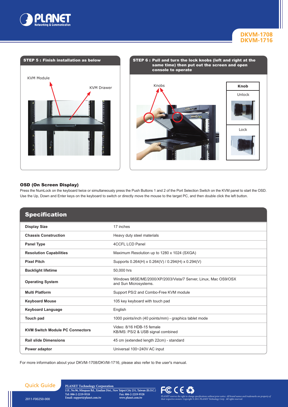 Specification, Quick guide | PLANET DKVM-1708 User Manual | Page 2 / 2