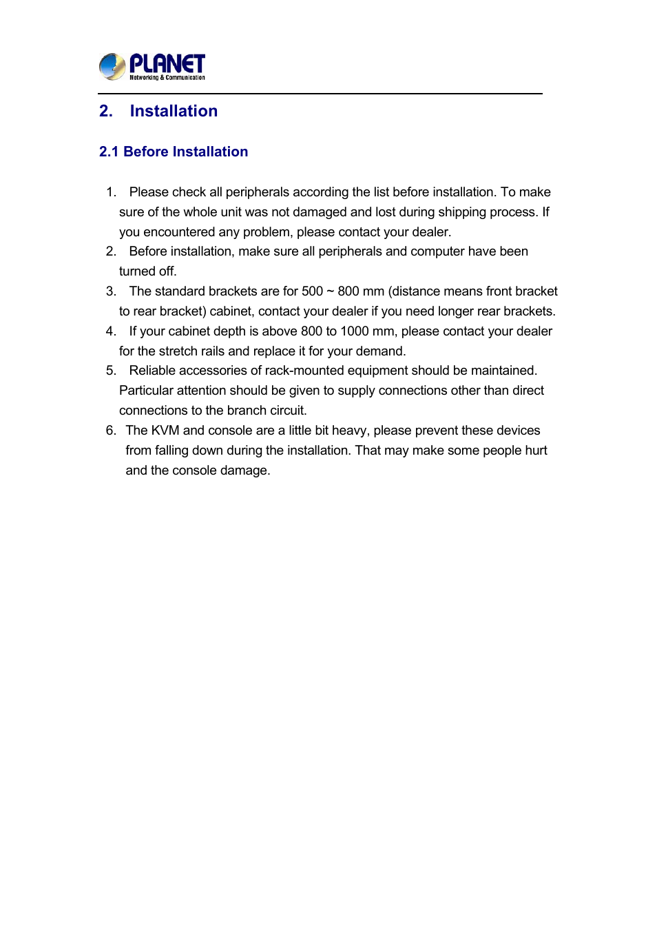 Installation, 1 before installation, No m | PLANET DKVM-1708 User Manual | Page 10 / 24