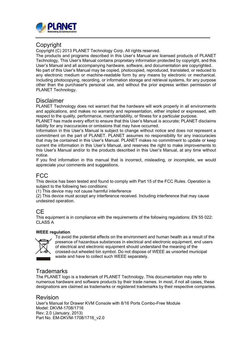 Opyright, Isclaimer, Trademarks | Revision | PLANET DKVM-1708 User Manual | Page 2 / 24