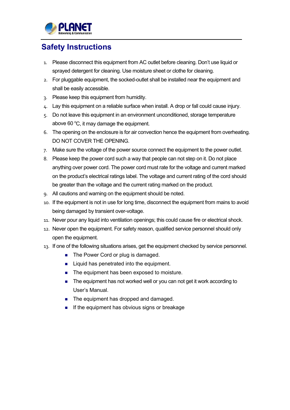 Safety instructions | PLANET DKVM-1708 User Manual | Page 3 / 24