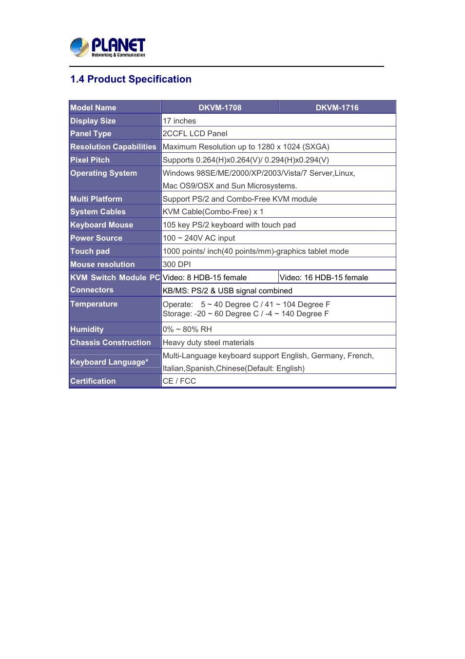 4 product specification | PLANET DKVM-1708 User Manual | Page 9 / 24