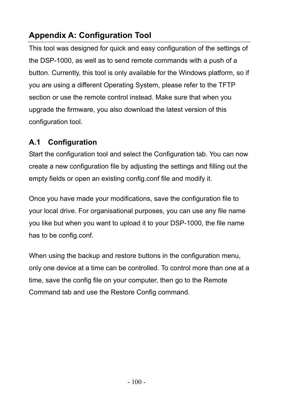 Appendix a: configuration tool, A.1 configuration | PLANET DSP-1000 User Manual | Page 100 / 120