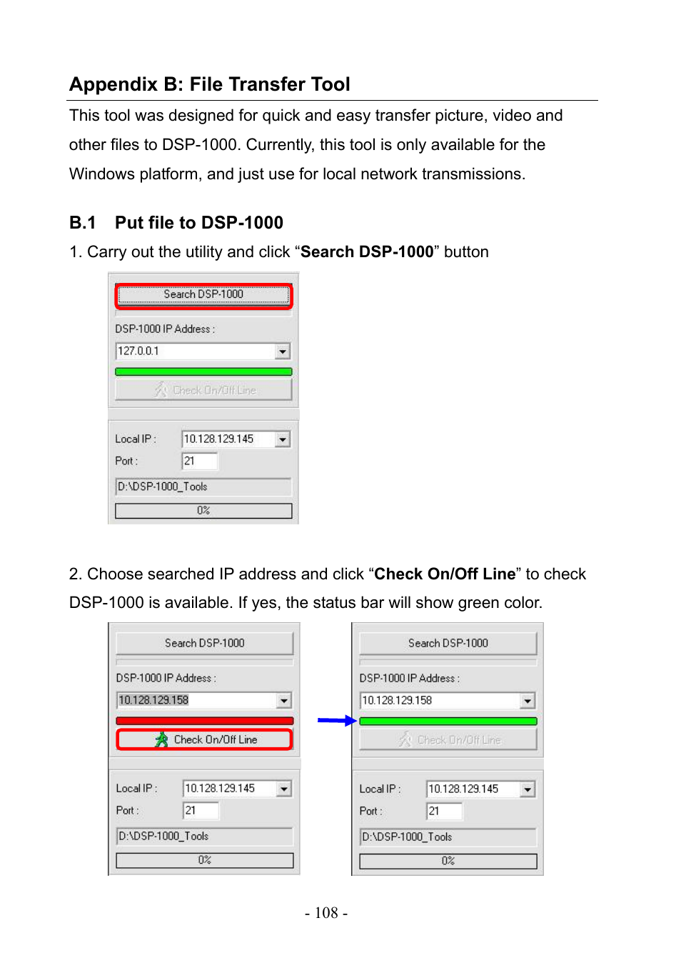 Appendix b: file transfer tool, B.1 put file to dsp-1000 | PLANET DSP-1000 User Manual | Page 108 / 120