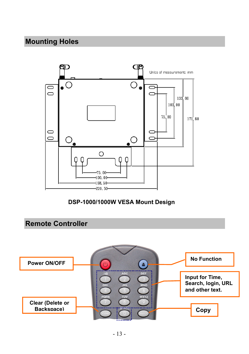 Mounting holes, Remote controller | PLANET DSP-1000 User Manual | Page 13 / 120